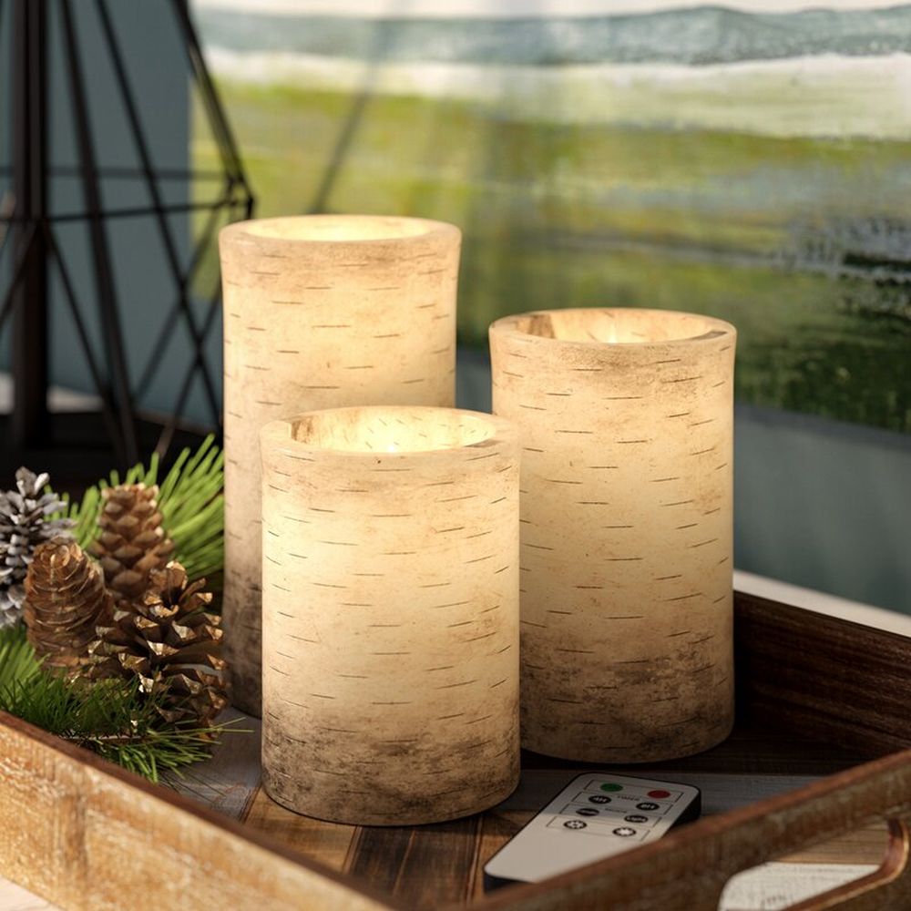 LED Flameless Candle Birch Pillar 3-piece w/Timer